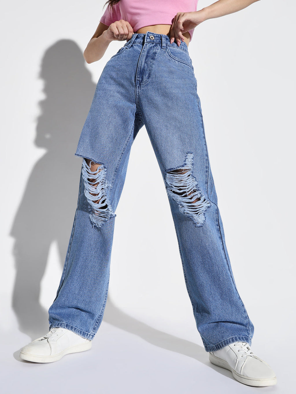 Women's Blue Comfort Wide Leg Highly Distressed Light Fade Acid Wash Stretchable Jeans