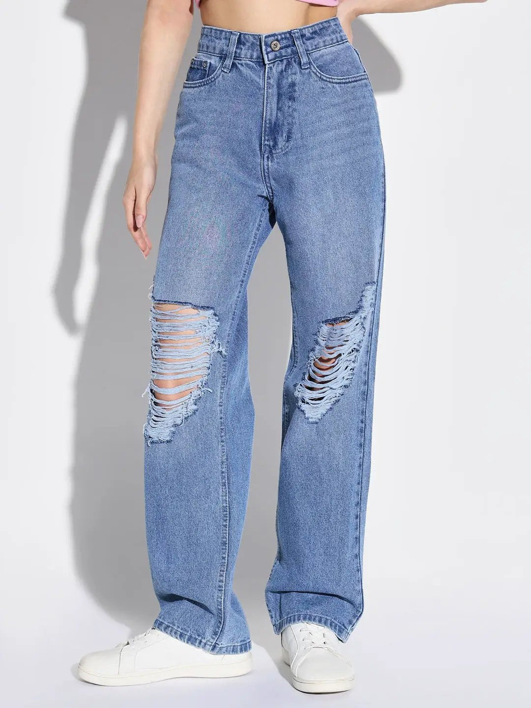 Women's Blue Comfort Wide Leg Highly Distressed Light Fade Acid Wash Stretchable Jeans
