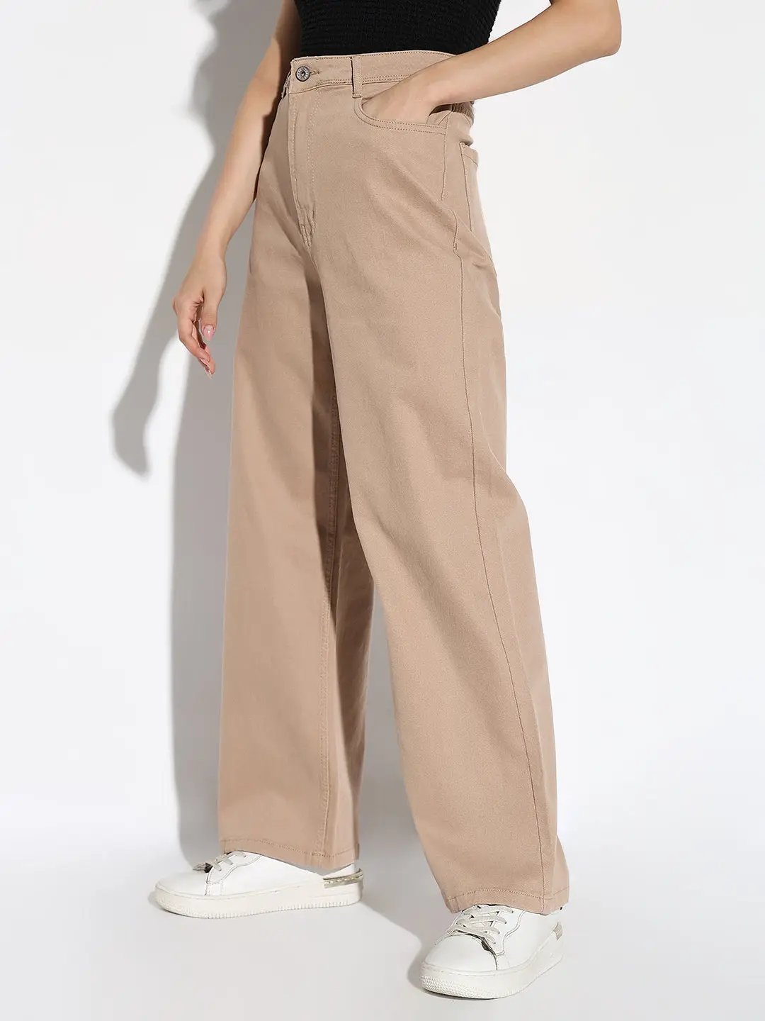 Women's Beige Comfort Wide Leg Denim Jeans