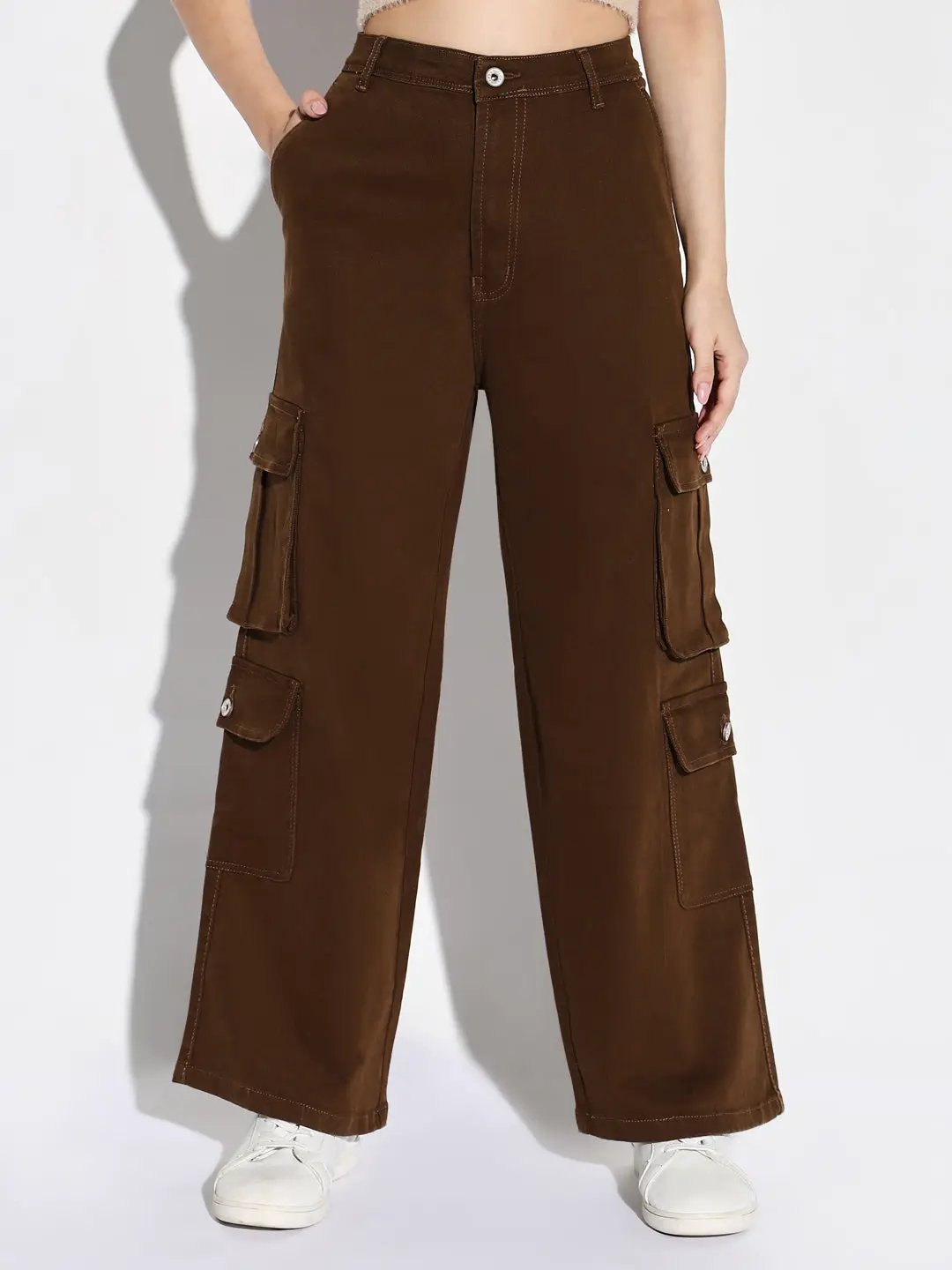 Women's Brown Cotton Comfort Wide Leg Mid-Rise Acid Wash Jeans