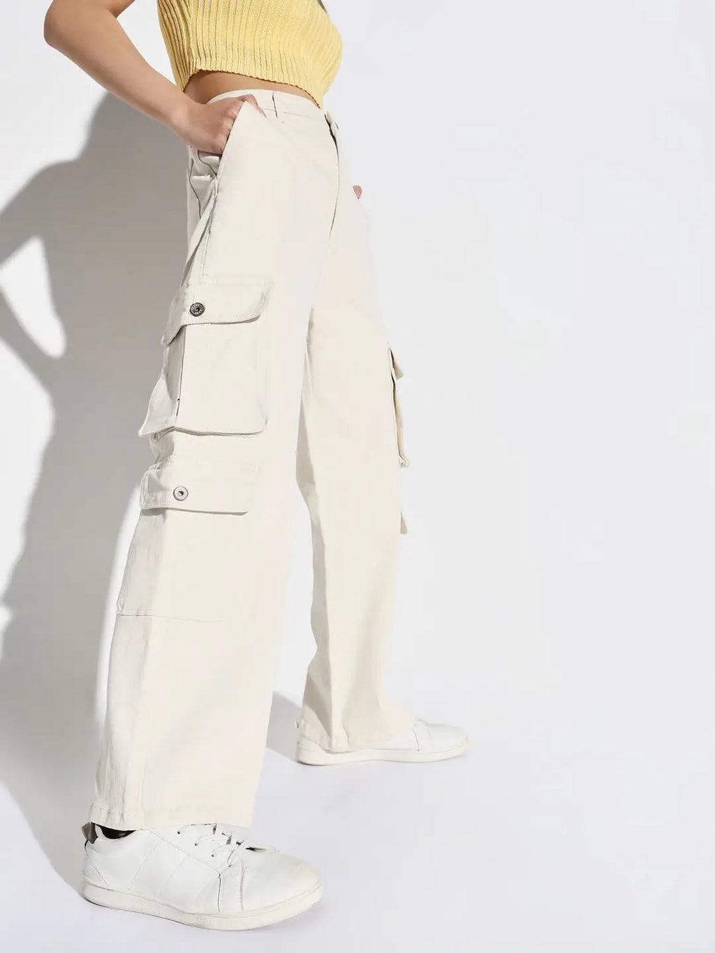 Women's Off White Comfort Wide Leg Mid-Rise Denim Cargo Style Jeans
