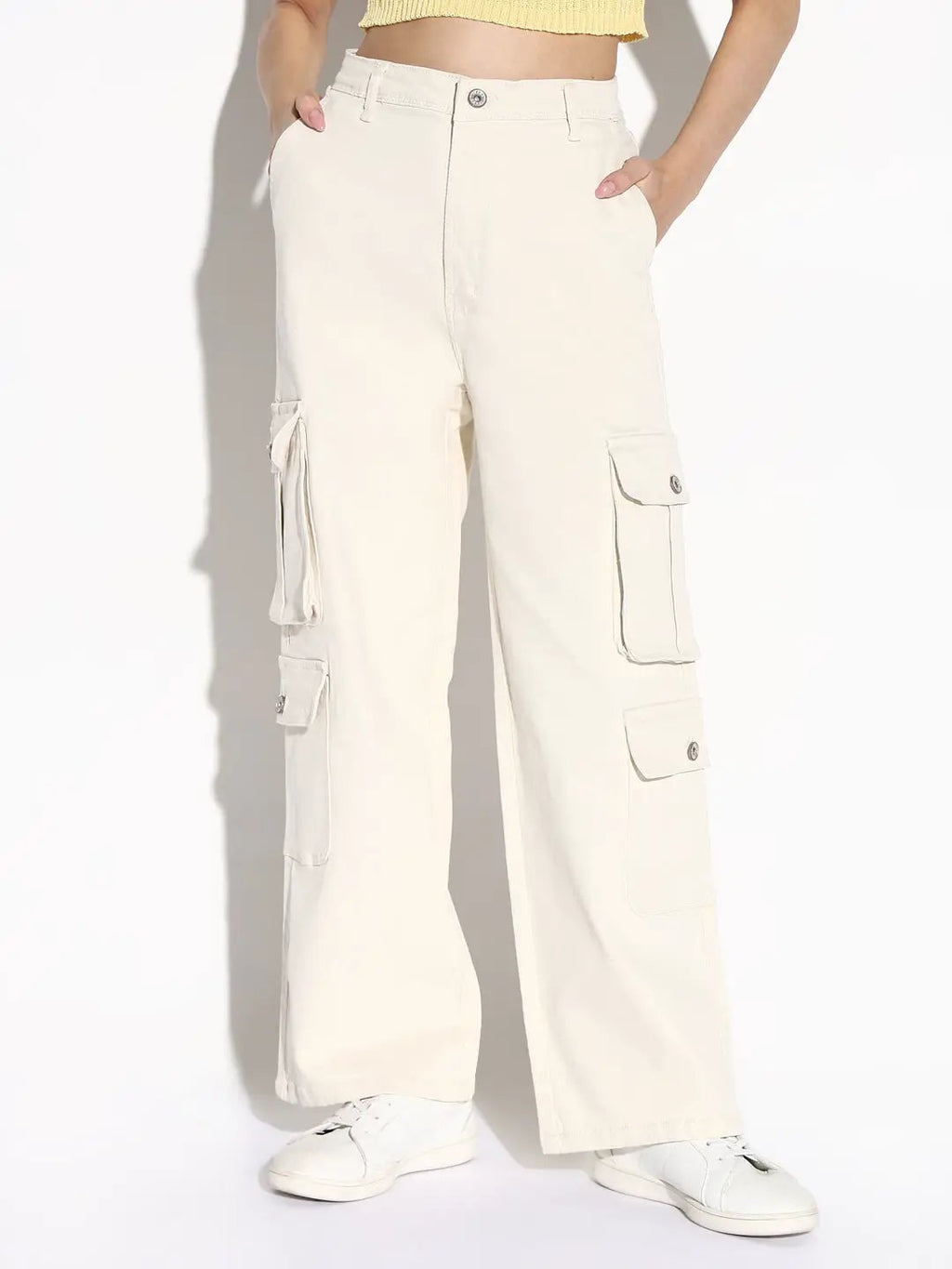Women's Off White Comfort Wide Leg Mid-Rise Denim Cargo Style Jeans