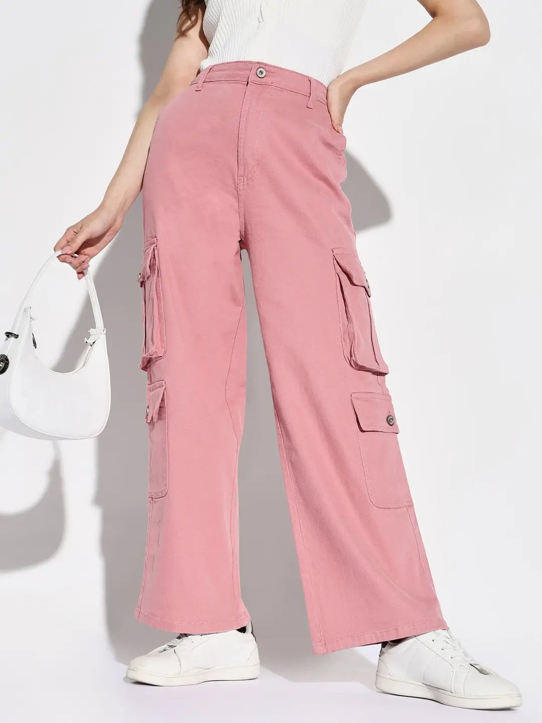 Women's Pink Comfort Mid-Rise Cotton Wide Leg Jeans