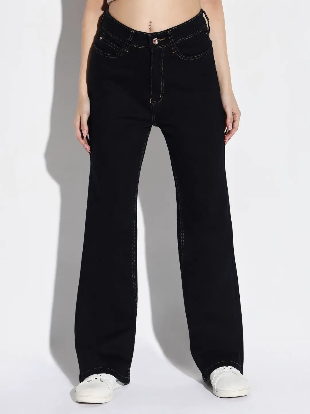 Women's Navy Blue Cotton Comfort Bootcut Stretchable Clean Look Mid-Rise Jeans