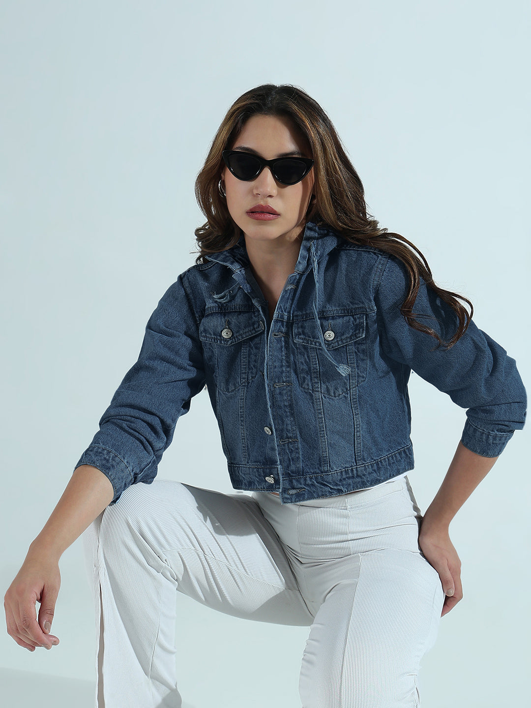Women's Blue Hooded Relaxed Fit Denim Cropped Jacket