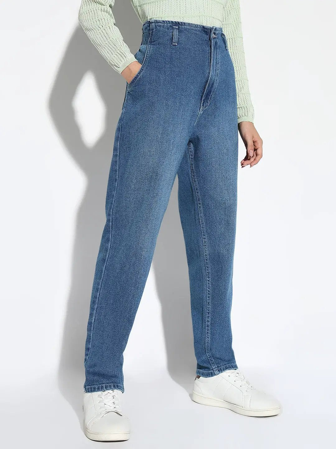 Women's Blue Solid Comfort Light Fade Acid Wash Stretchable Jeans