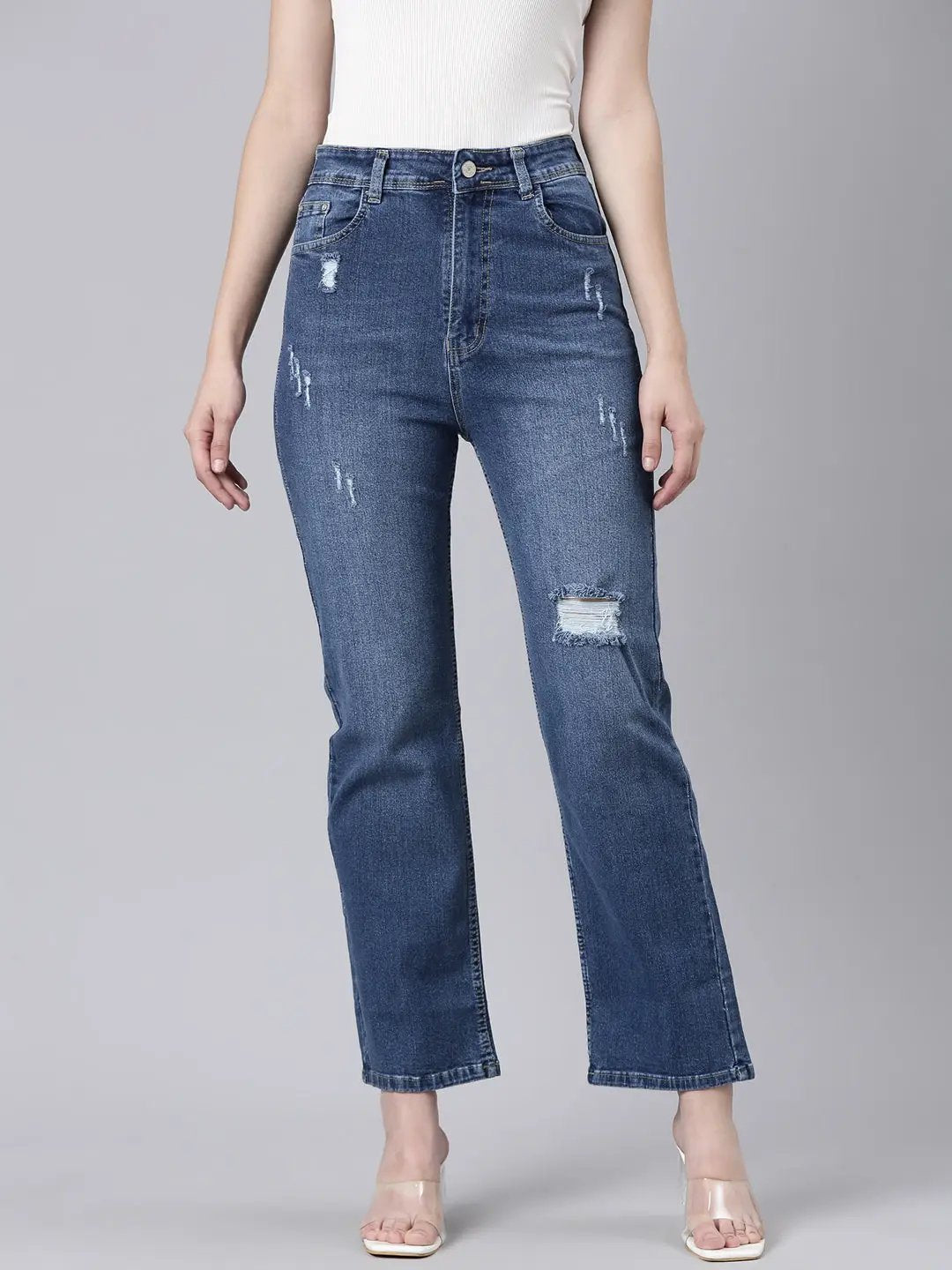 Women's Navy Blue Straight Fit Mildly Distressed Light Fade Denim Jeans