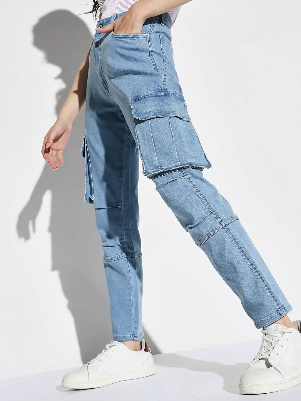 Women's Blue Comfort Straight Fit Light Fade Acid Wash Stretchable Cargo Jeans
