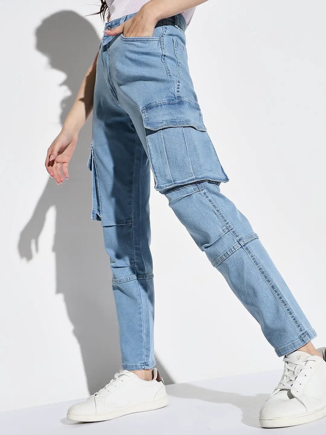 Women's Blue Comfort Straight Fit Light Fade Acid Wash Stretchable Cargo Jeans