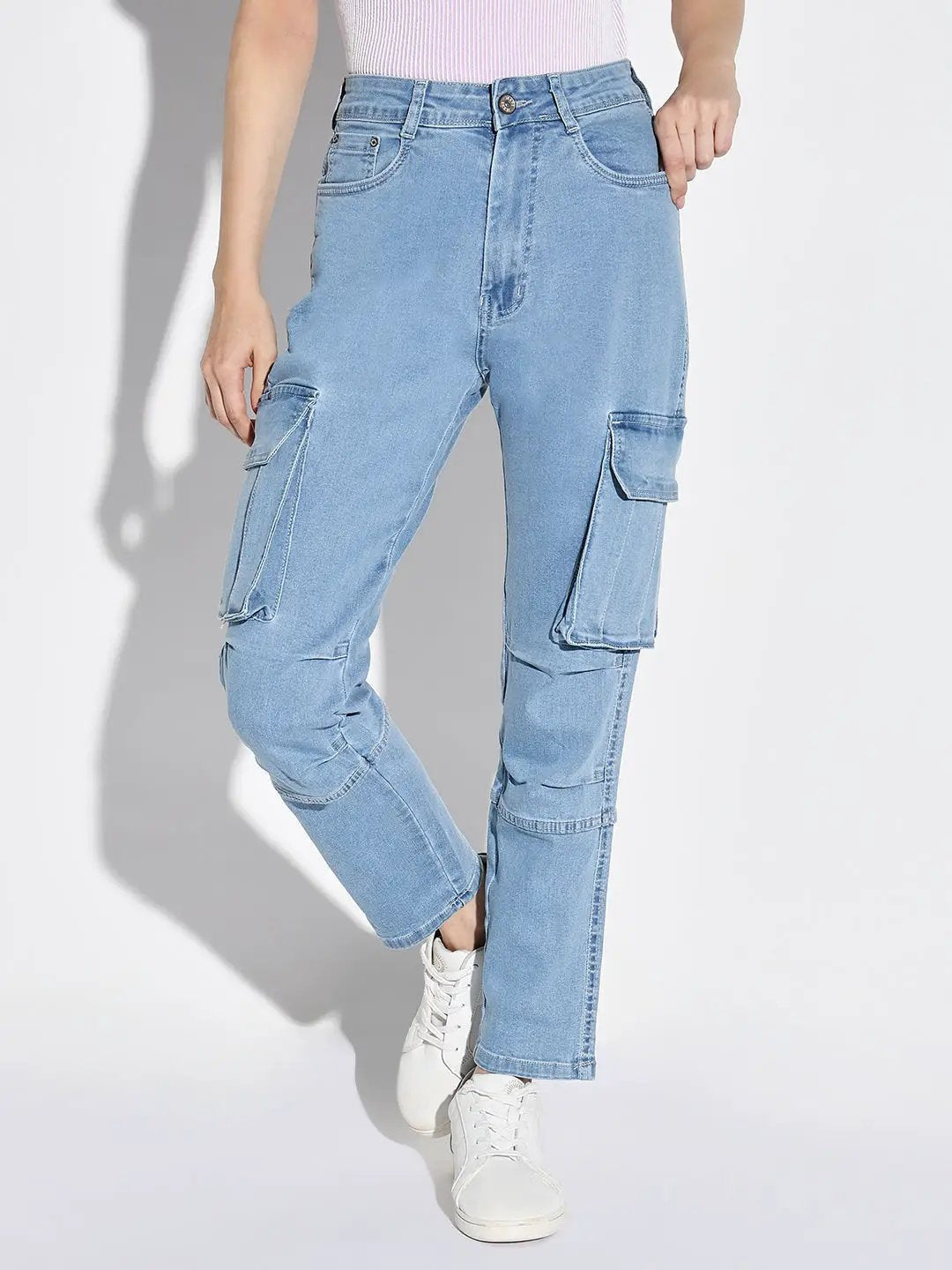 Women's Blue Comfort Straight Fit Light Fade Acid Wash Stretchable Cargo Jeans