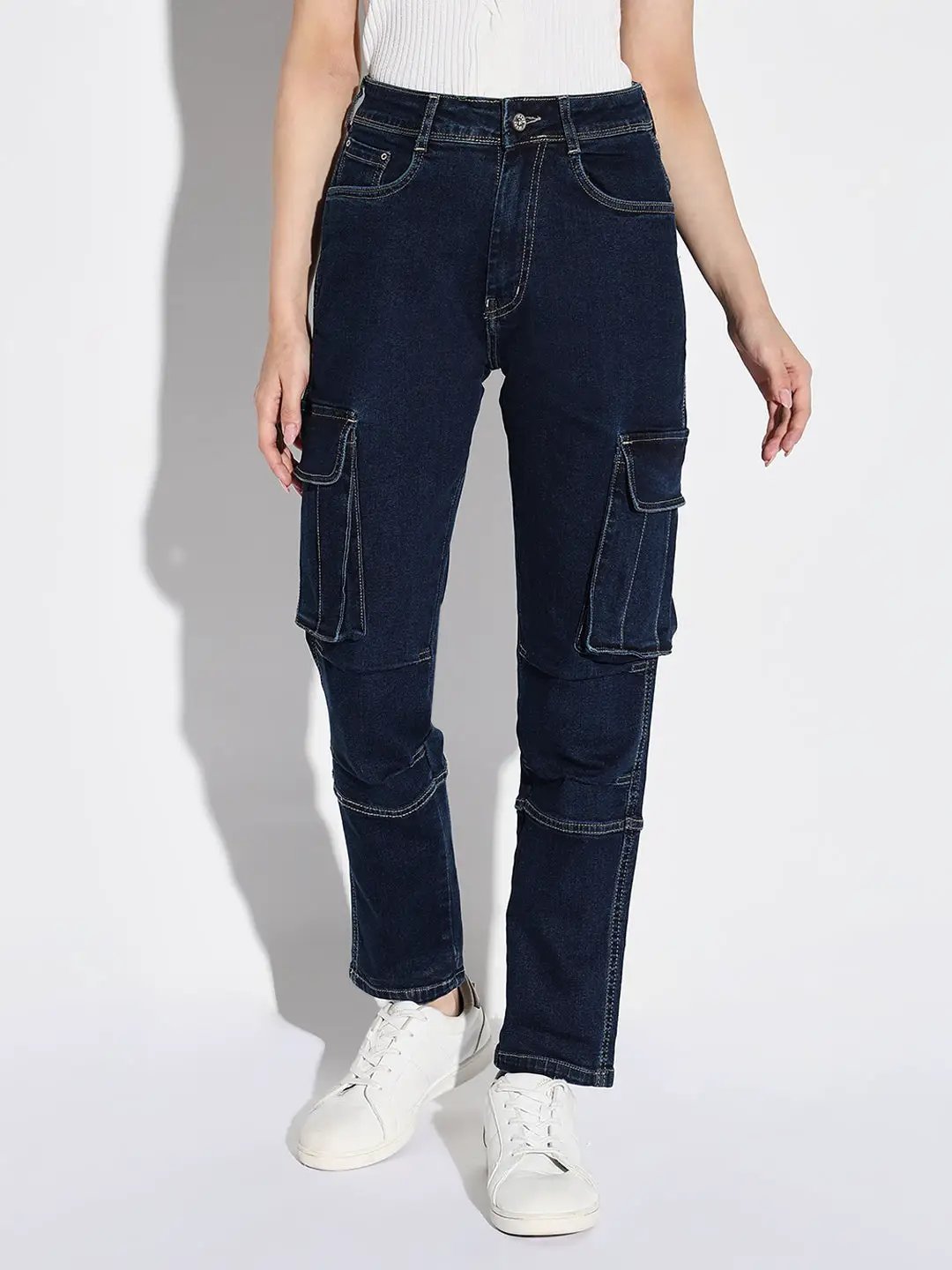Women's Navy Blue Comfort Straight Fit Light Fade Stretchable Jeans