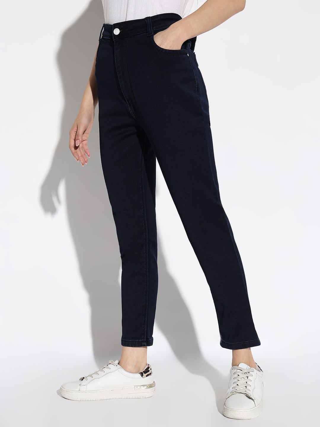 Women's Navy Blue Cotton Comfort Slim Fit Acid Wash Stretchable Jeans