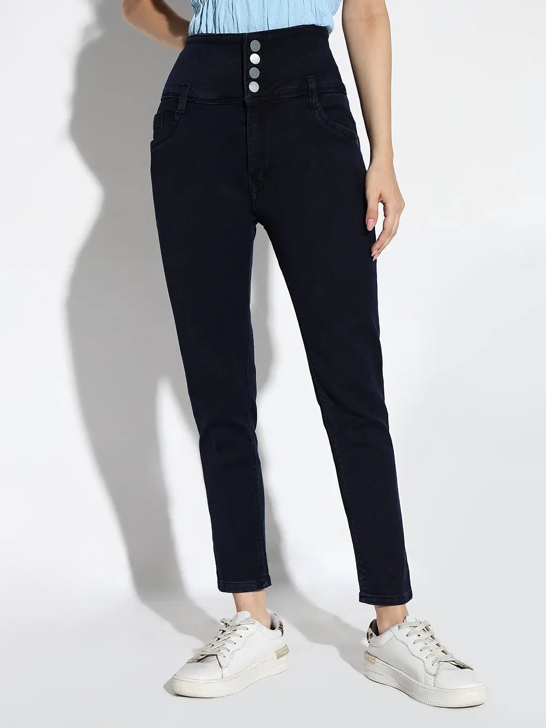 Women's Navy Blue Comfort Straight Fit Acid Wash Stretchable Jeans