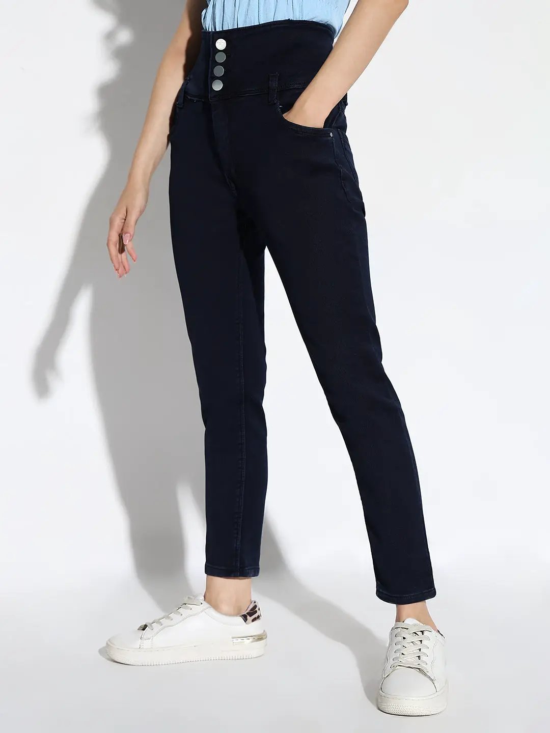 Women's Navy Blue Comfort Straight Fit Acid Wash Stretchable Jeans