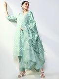 Women's Printed Green Straight Kurta Set with Dupatta