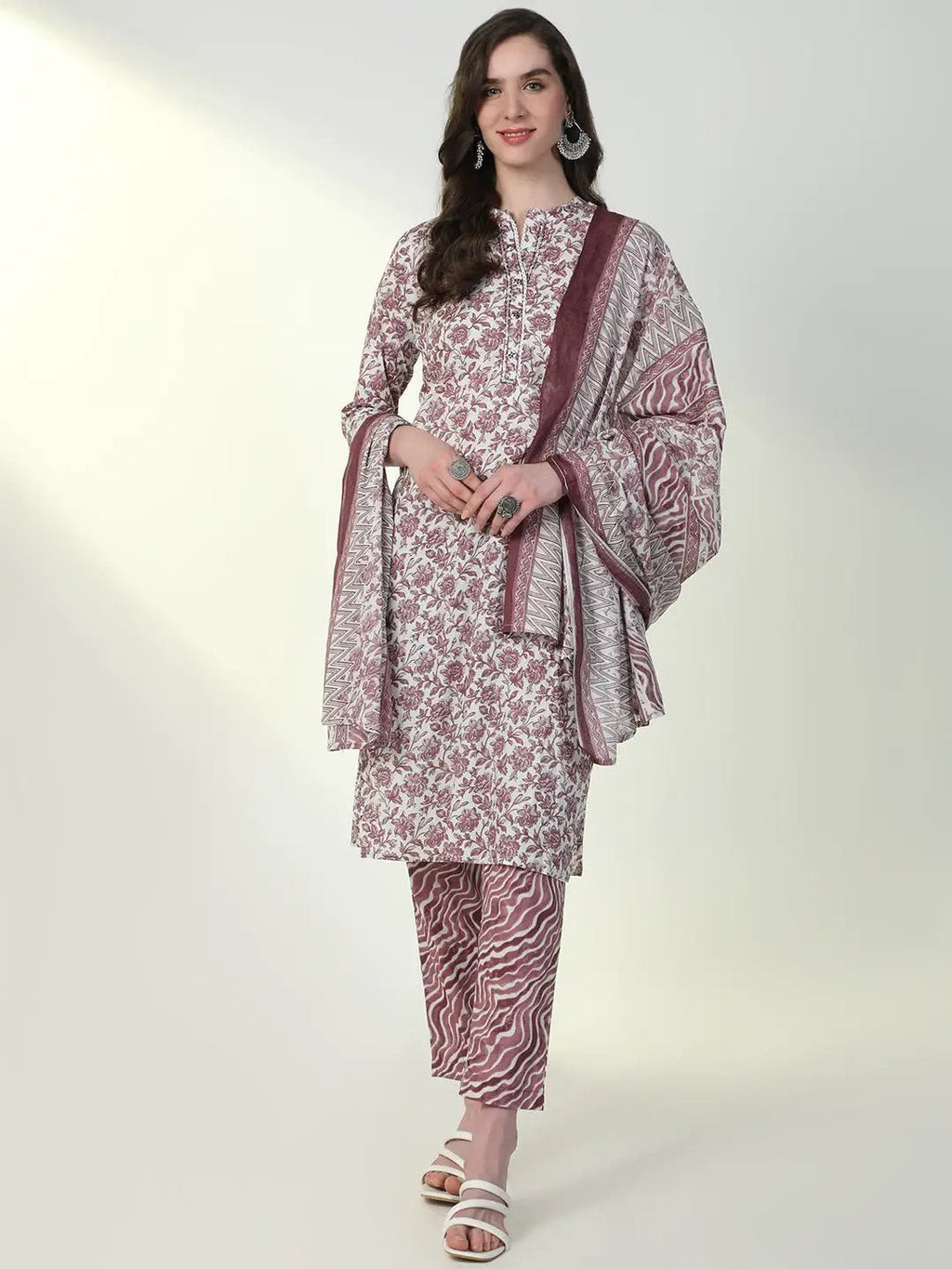 Women's Purple Floral Kurta Set with Dupatta