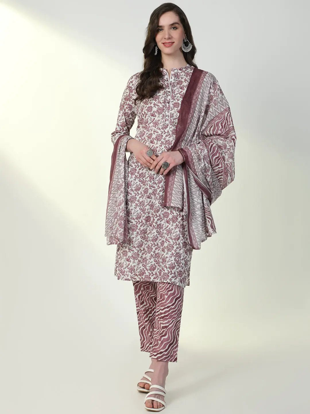 Women's Purple Floral Kurta Set with Dupatta