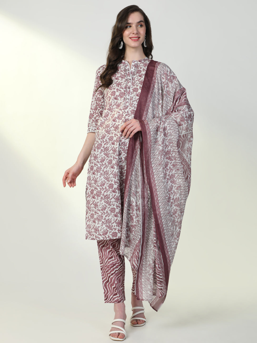 Women's Purple Floral Kurta Set with Dupatta