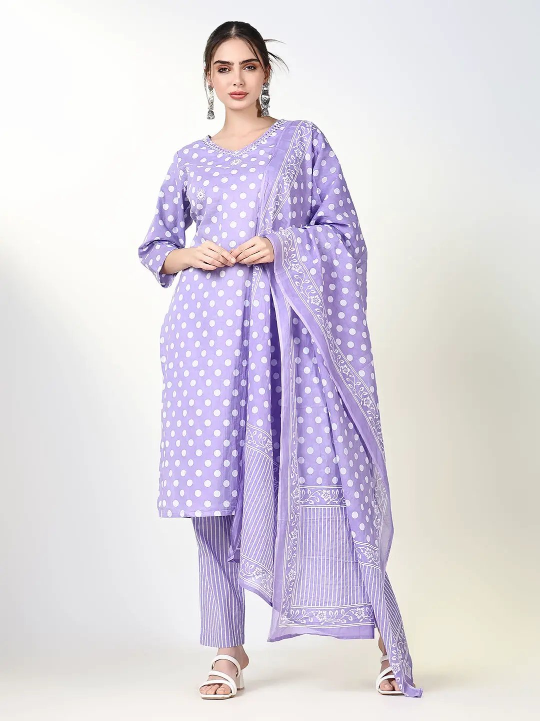 Women's Printed Lavender Straight Kurta Set with Dupatta