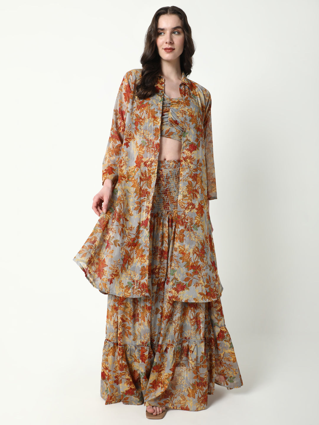 Women's Brown Printed Co-Ords Set with Shrug