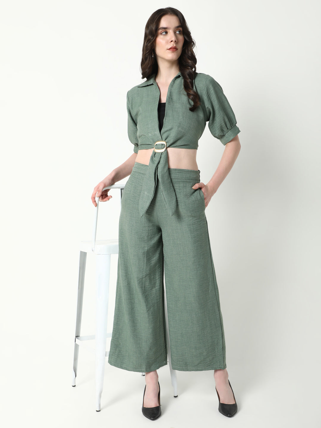 Women's Green Solid Co-Ords Set with Tube Top