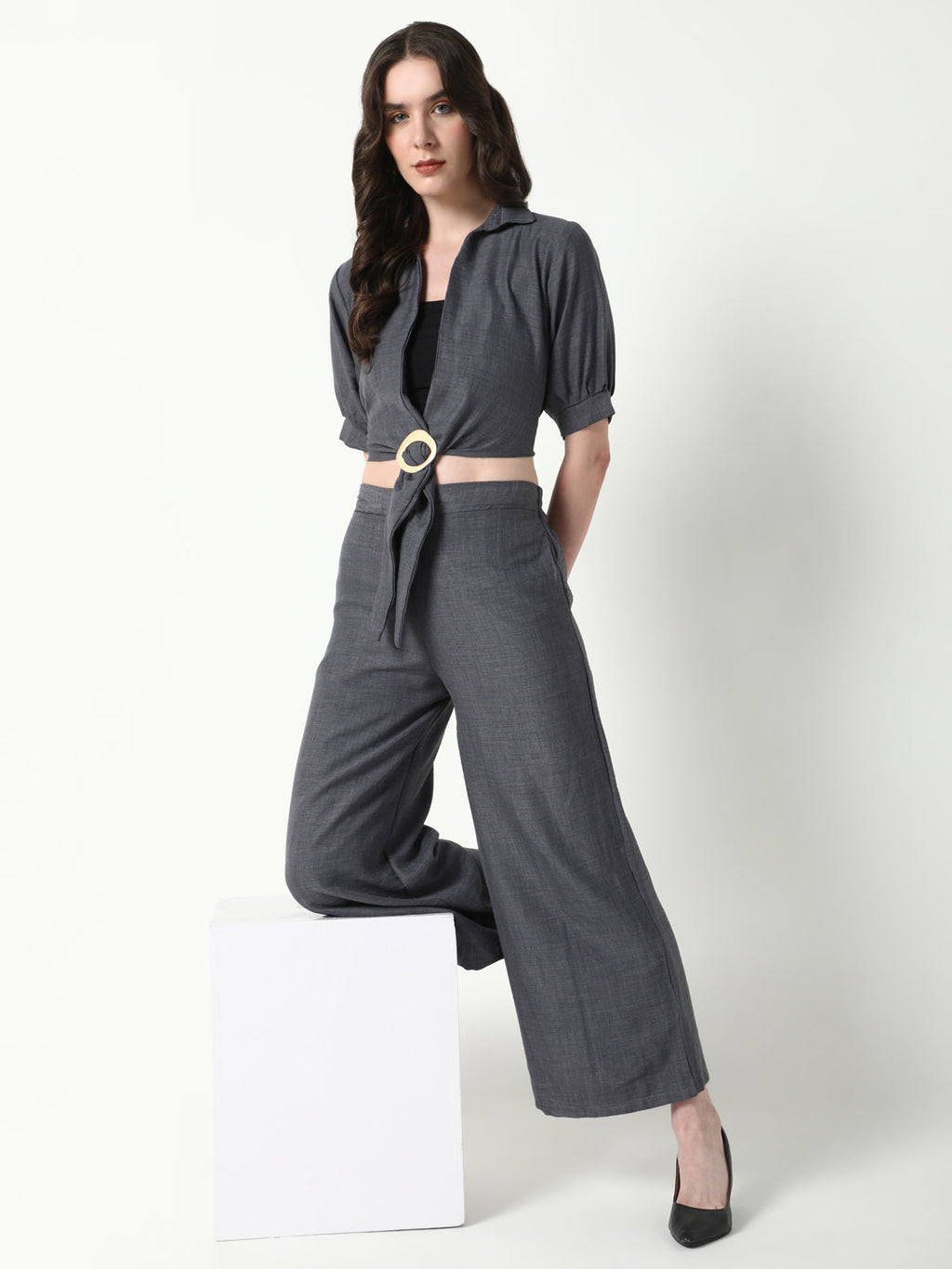 Women's Grey Solid Co-Ords Set with Tube Top