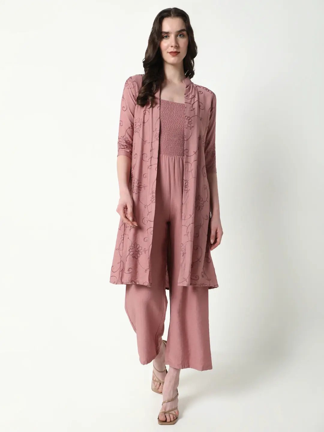Women's Mauve Cotton Basic Jumpsuit with Shrug