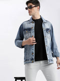 Men's Blue Washed Spread Collar Rapid-Dry Windcheater Denim Jacket