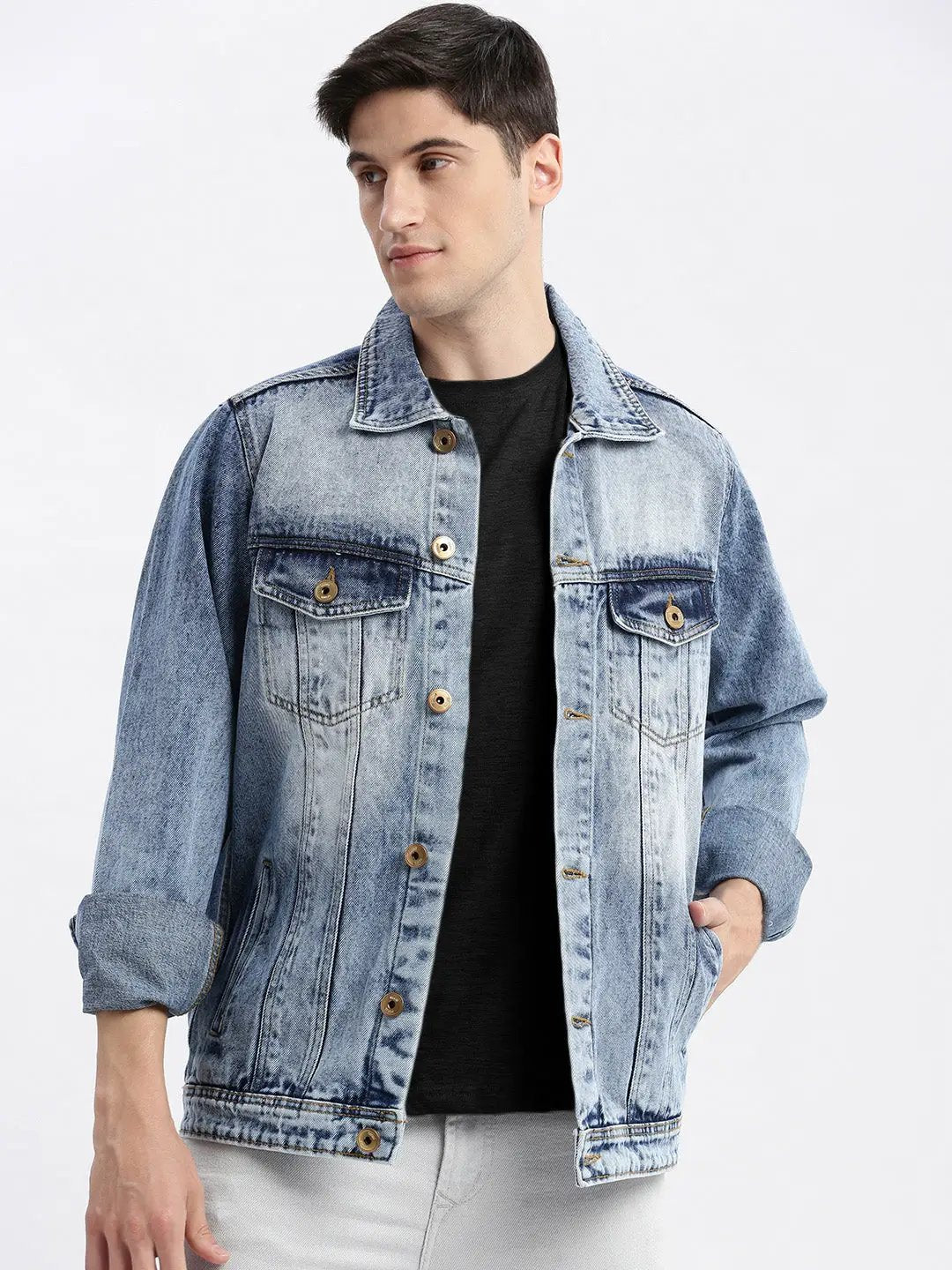 Men's Blue Washed Spread Collar Rapid-Dry Windcheater Denim Jacket