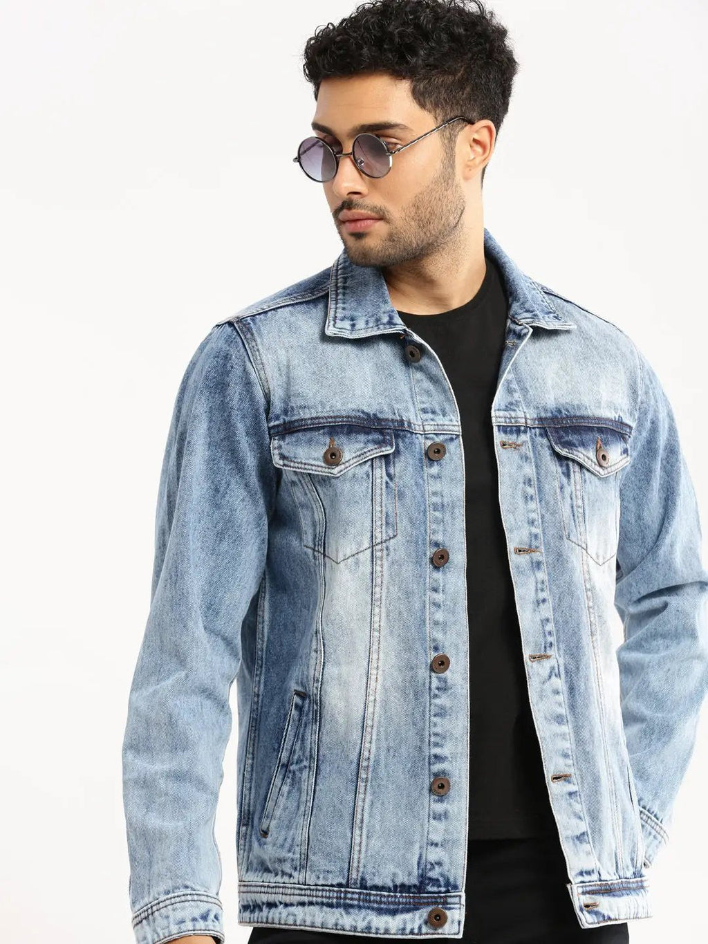 Men's Blue Washed Spread Collar Denim Jacket