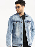 Men's Blue Washed Spread Collar Denim Jacket