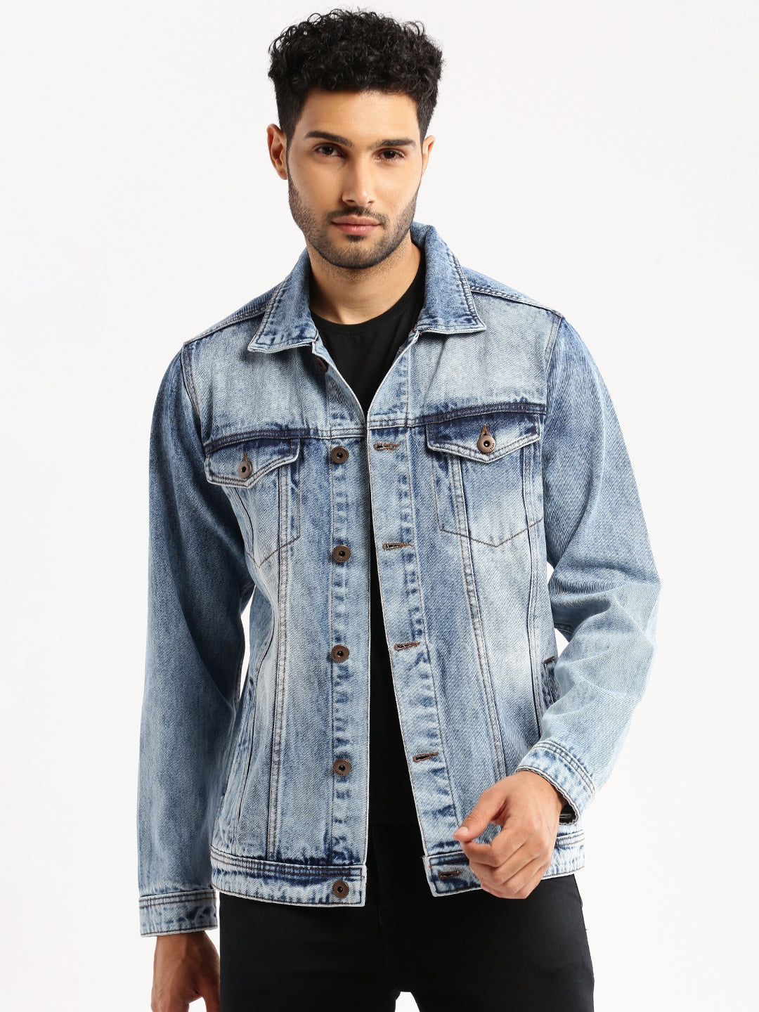 Men's Blue Washed Spread Collar Denim Jacket