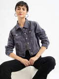 Women's Charcoal Windcheater and Water Resistant Crop Denim Jacket