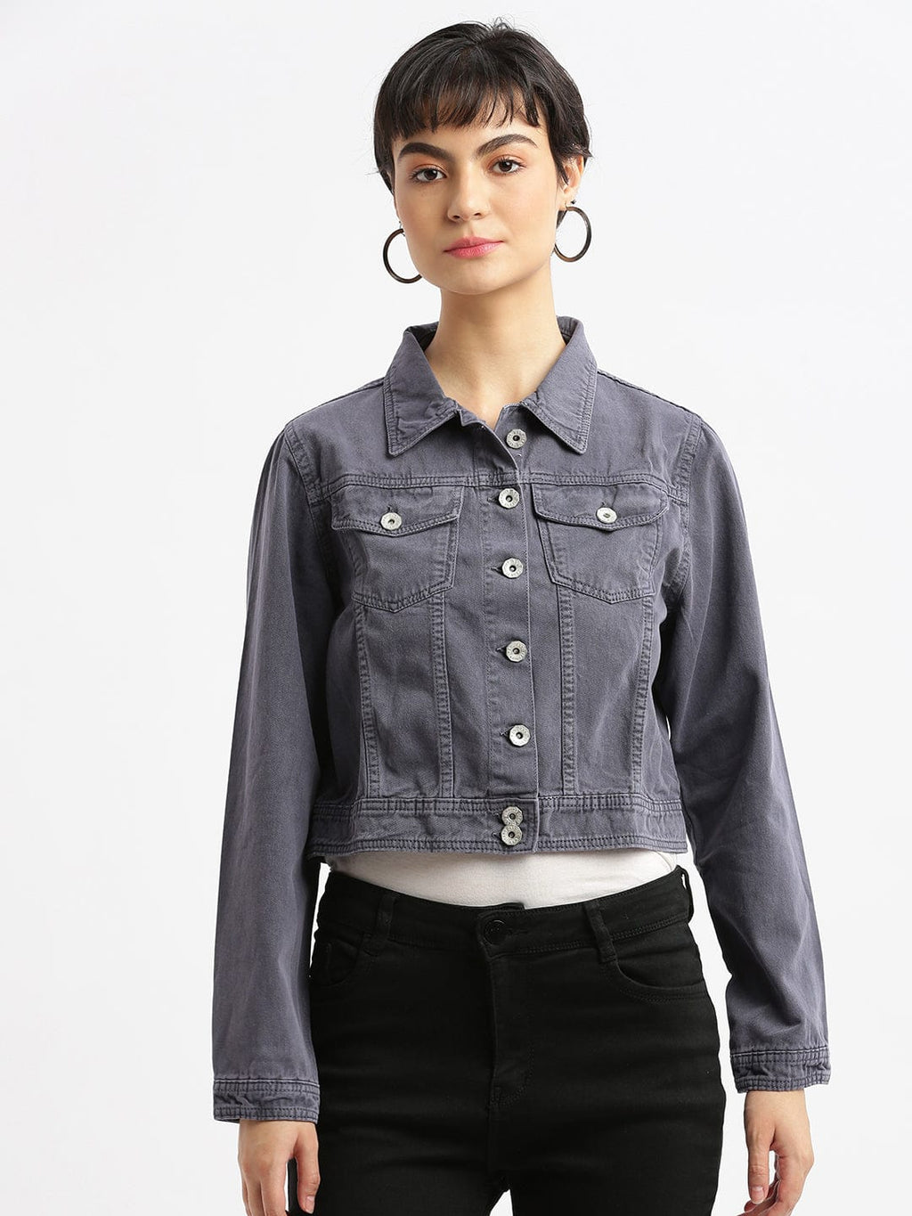 Women's Charcoal Windcheater and Water Resistant Crop Denim Jacket