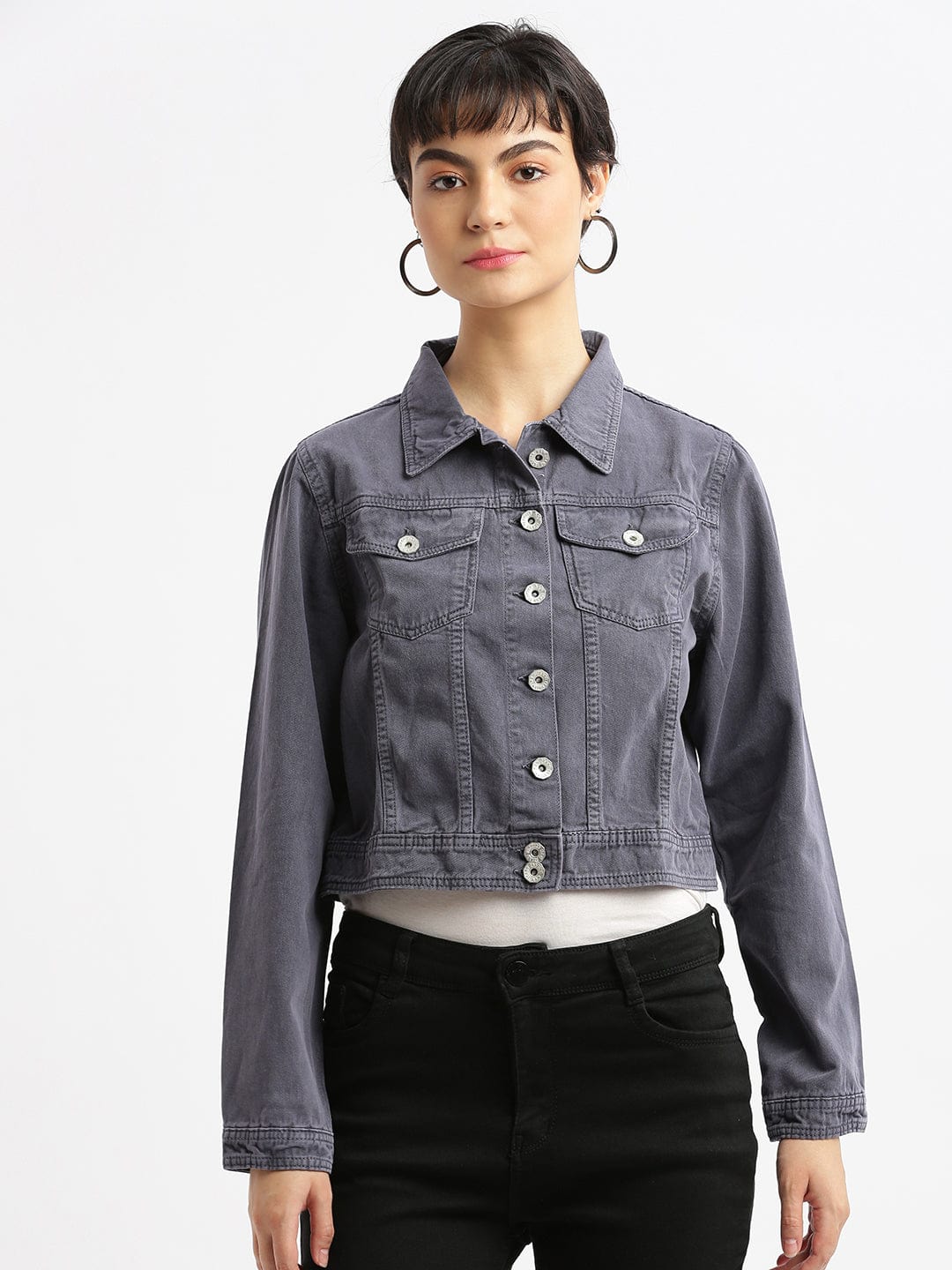 Women's Charcoal Windcheater and Water Resistant Crop Denim Jacket