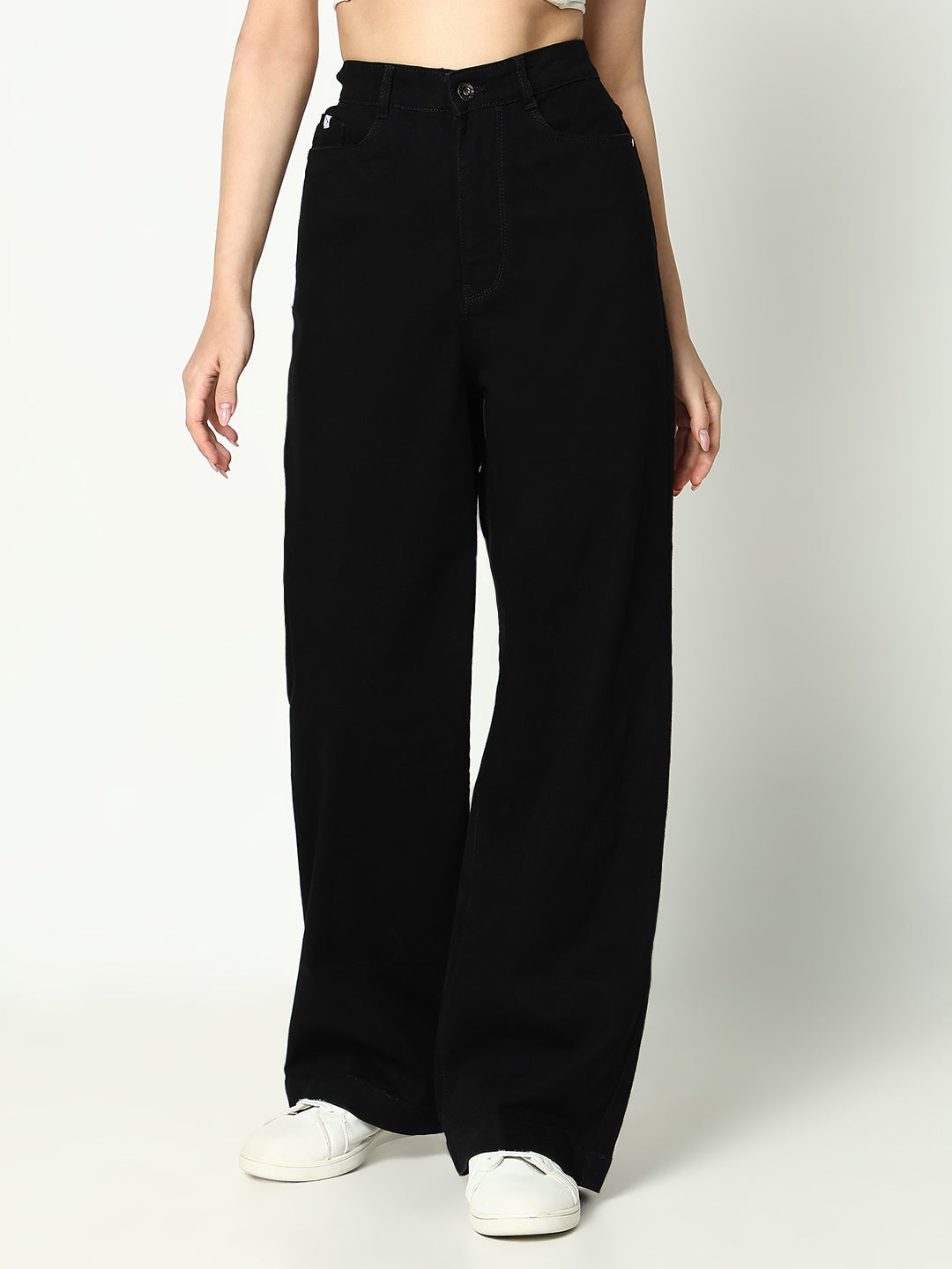 Women's Black Cotton Comfort Wide Leg Mid-Rise Jeans