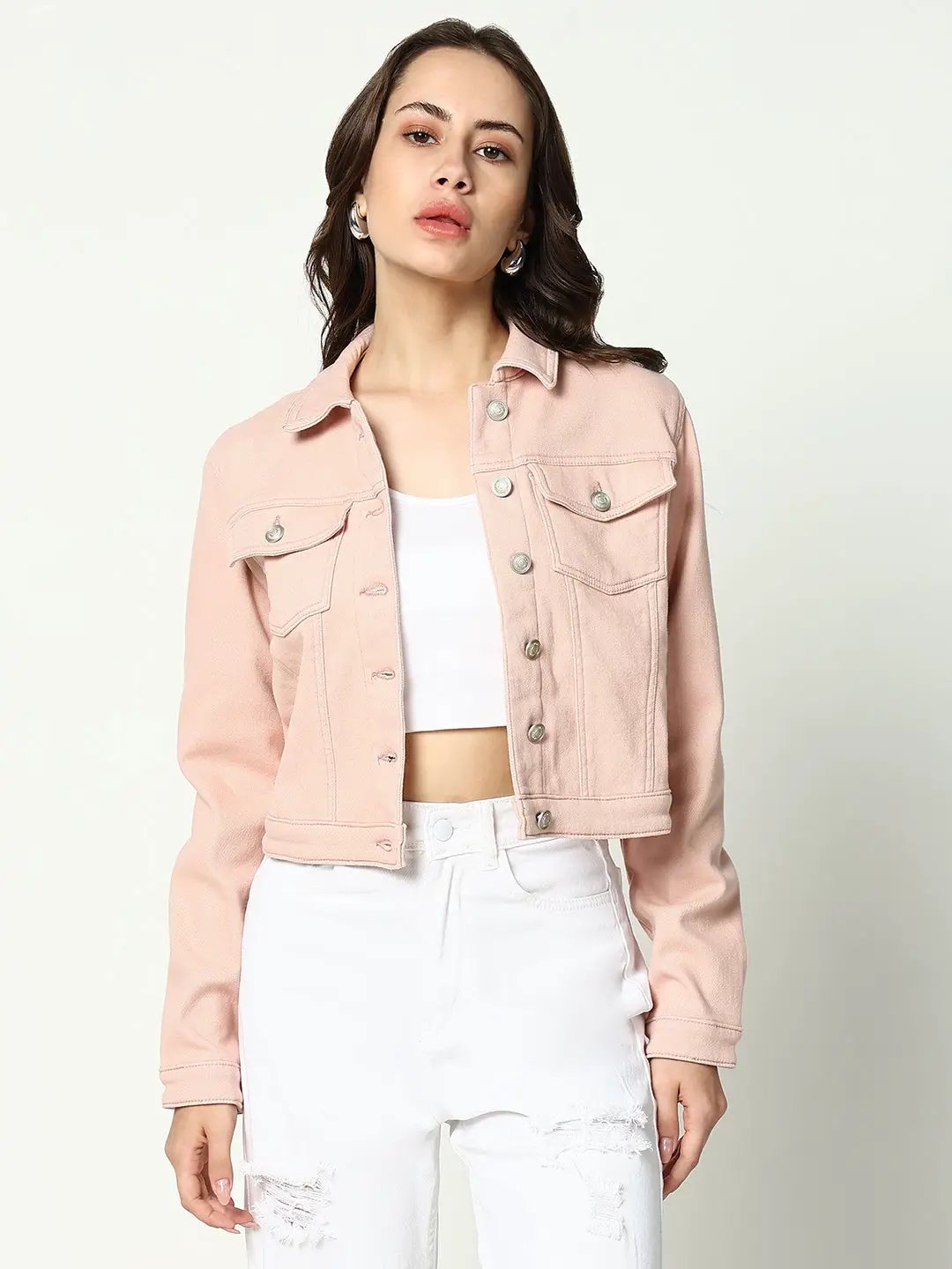 Women's Peach Spread Collar Crop Denim Jacket