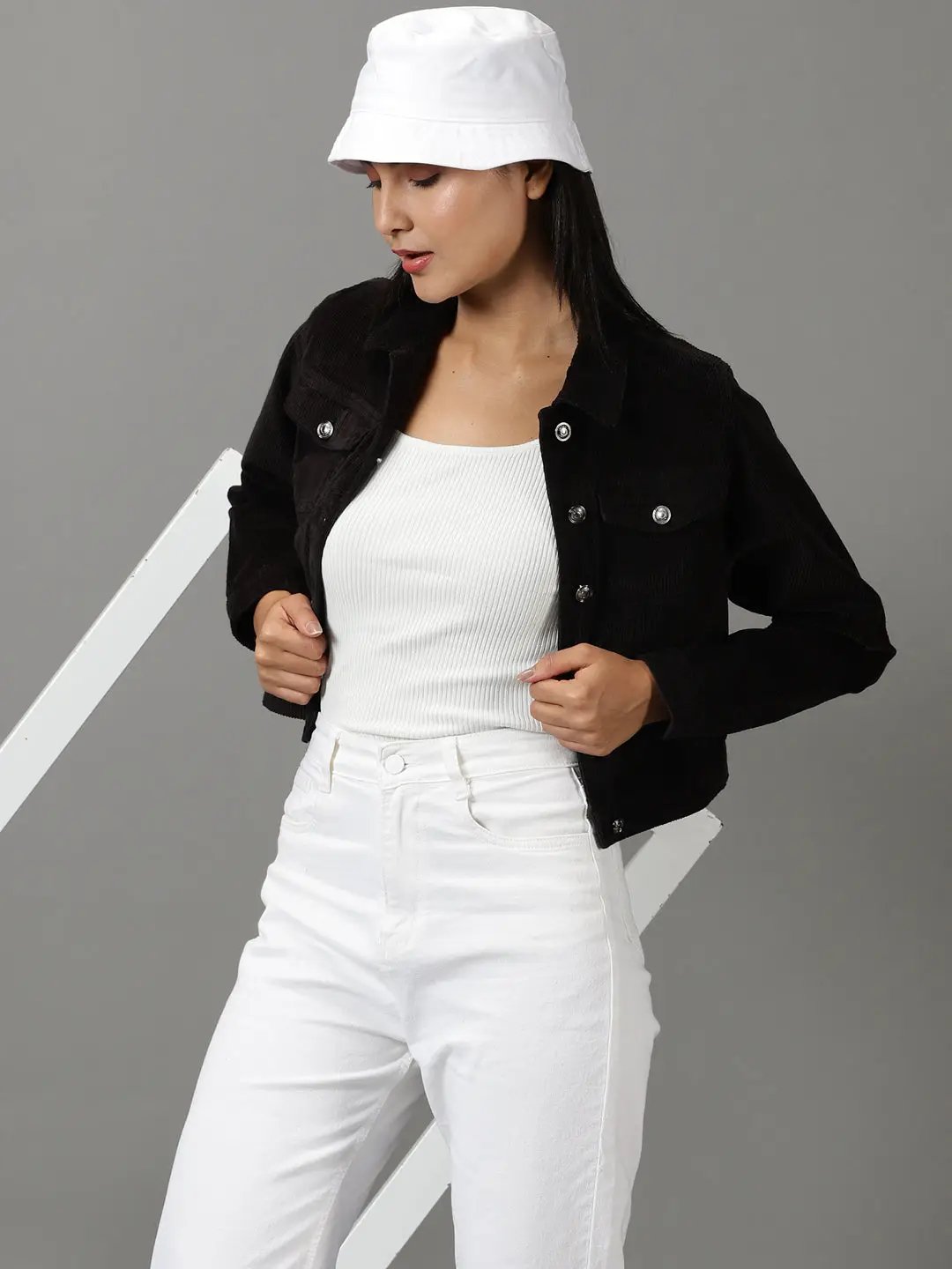 Women's Black Corduroy Crop Tailored Jacket