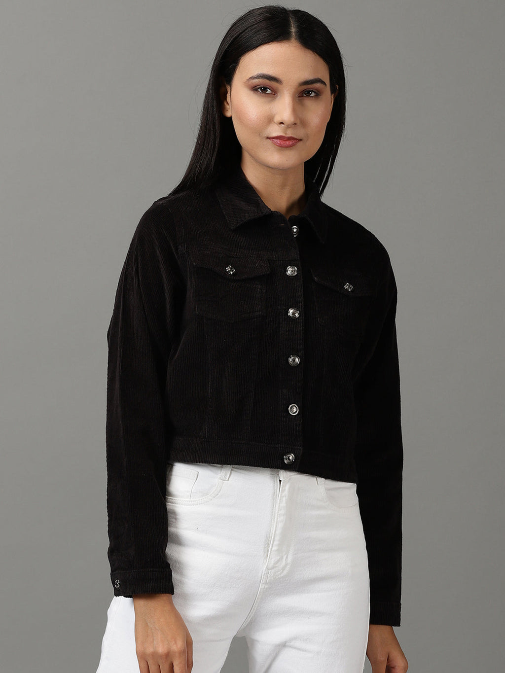 Women's Black Corduroy Crop Tailored Jacket
