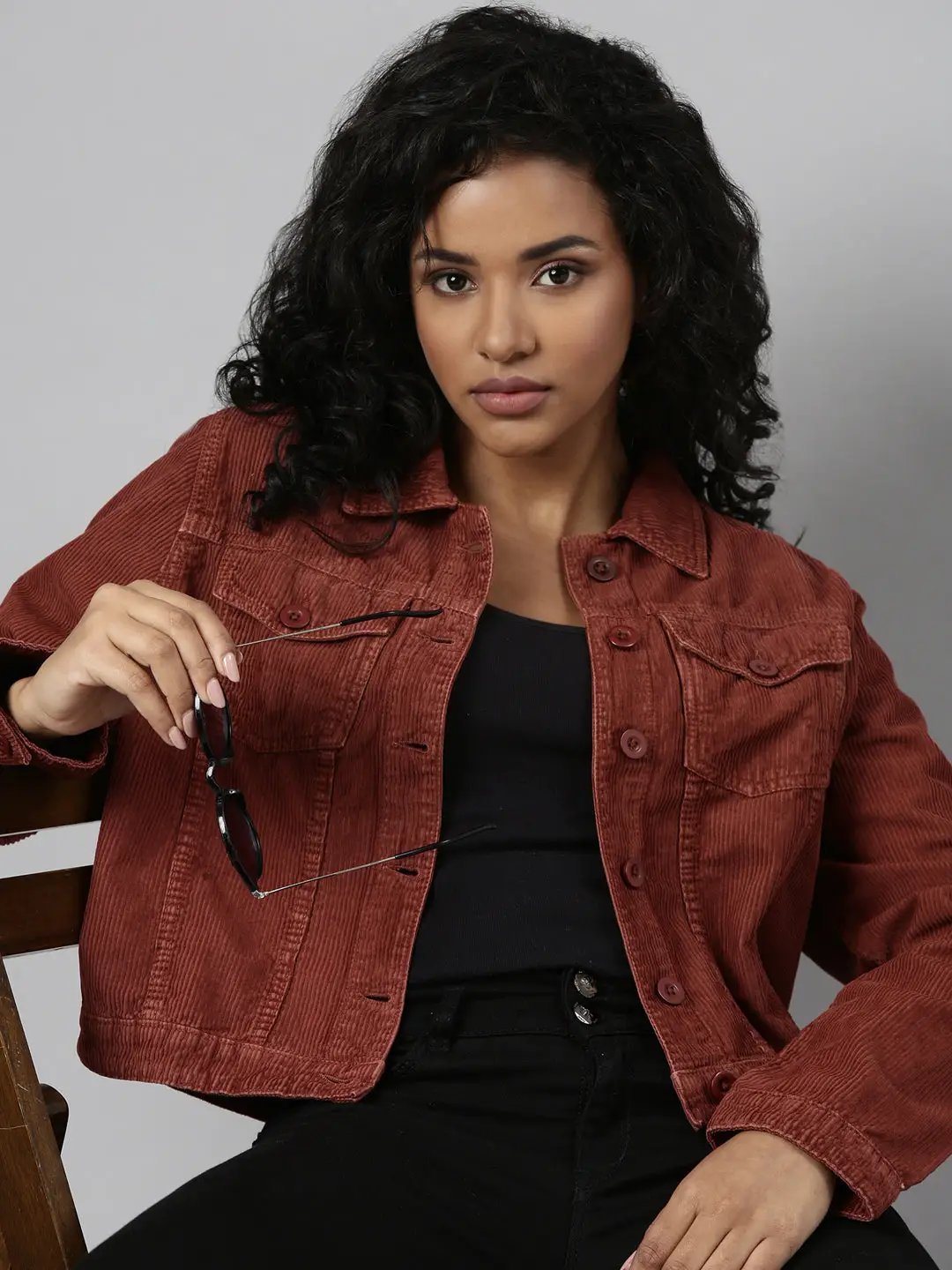 Women's Rust Corduroy Crop Denim Jacket