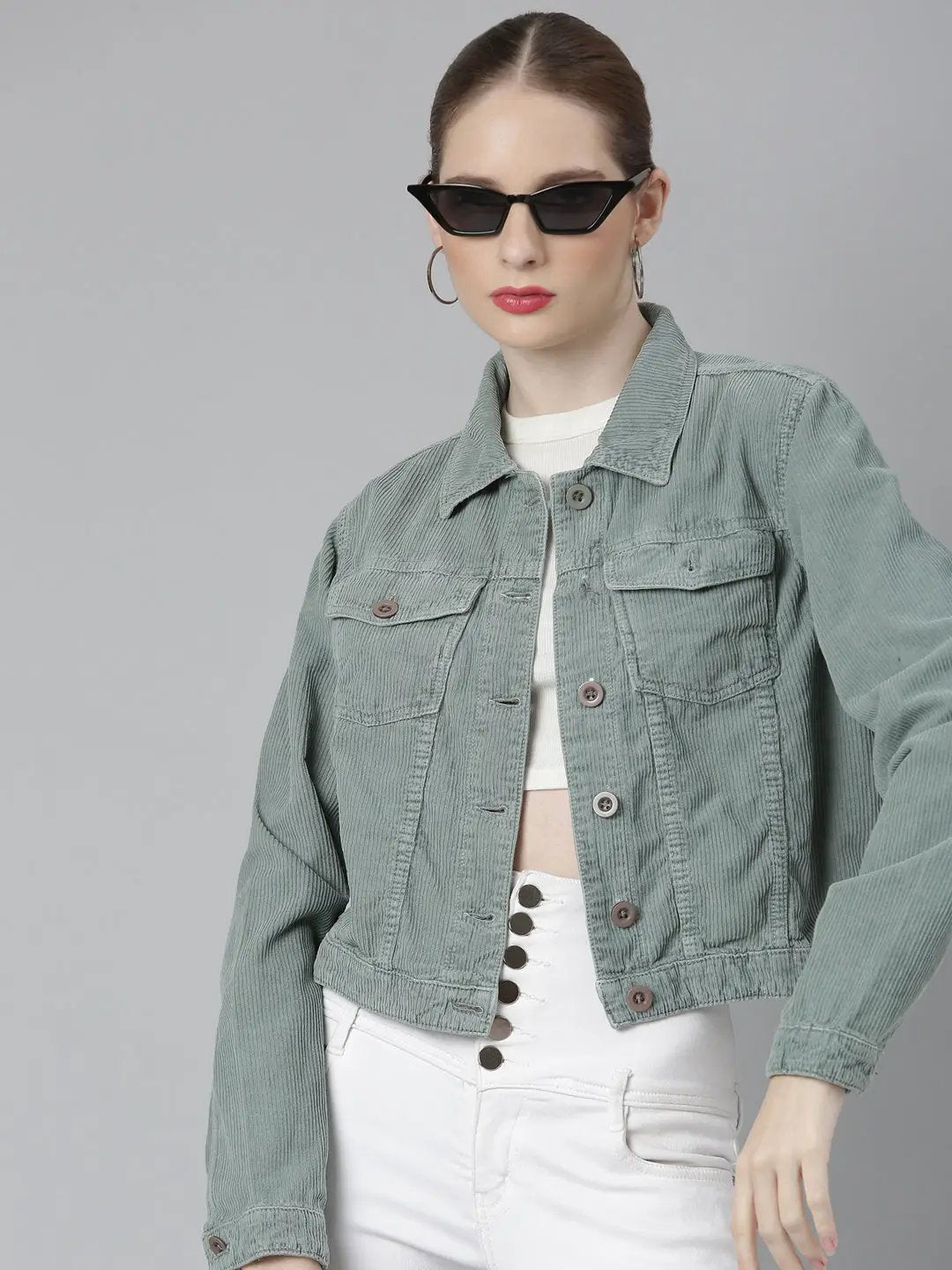 Women's Sea Green Spread Collar Crop Corduroy Denim Jacket