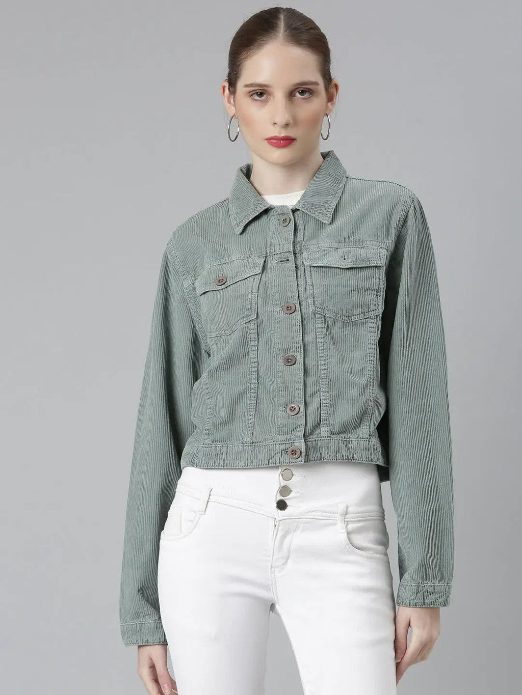Women's Sea Green Spread Collar Crop Corduroy Denim Jacket