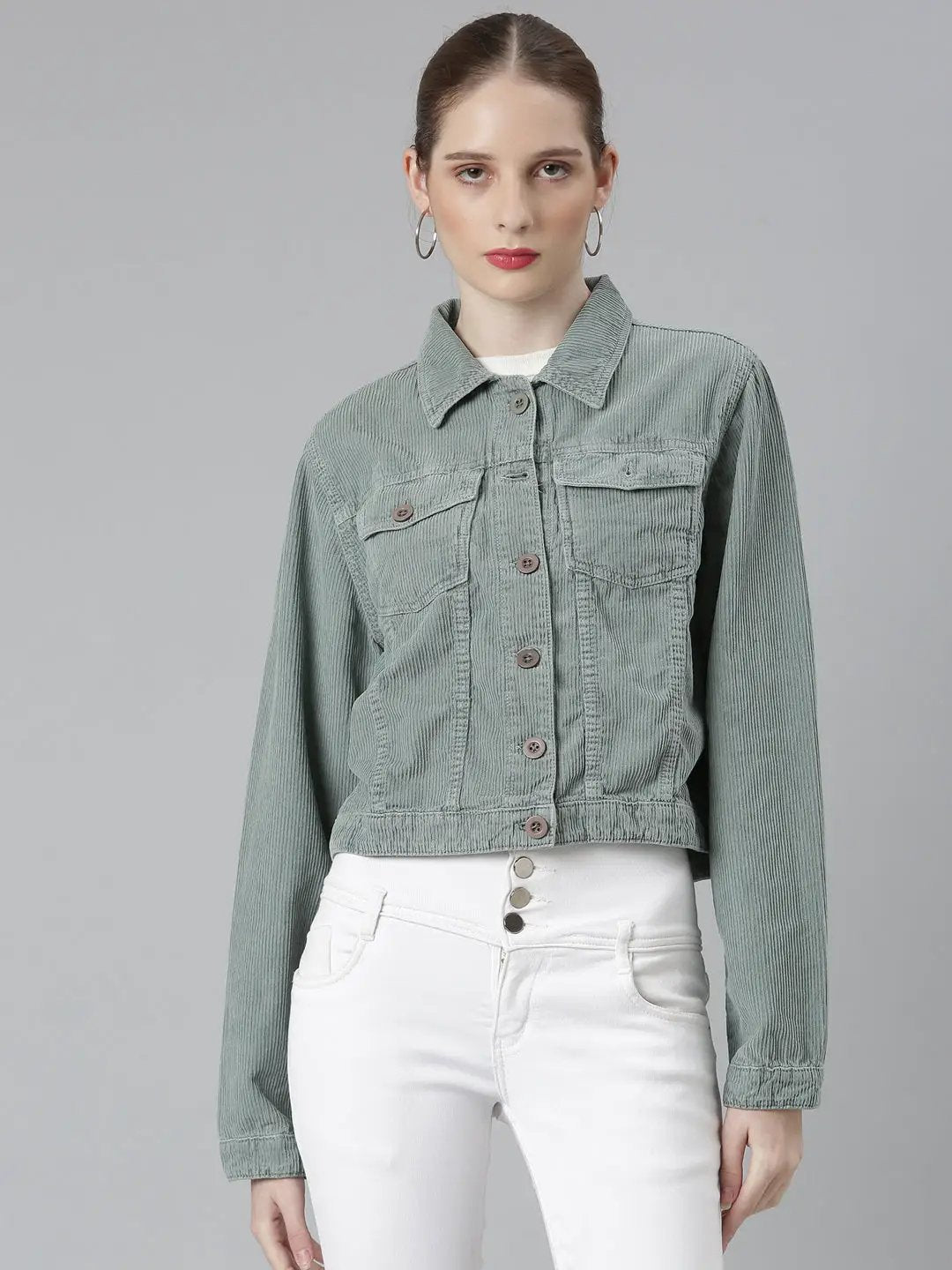 Women's Sea Green Spread Collar Crop Corduroy Denim Jacket