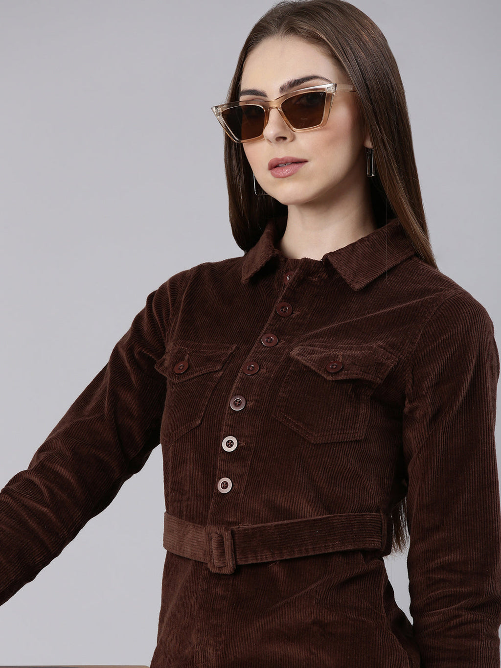 Women's Brown Cuffed Sleeves Corduroy Cotton Shirt Dress