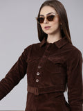 Women's Brown Cuffed Sleeves Corduroy Cotton Shirt Dress
