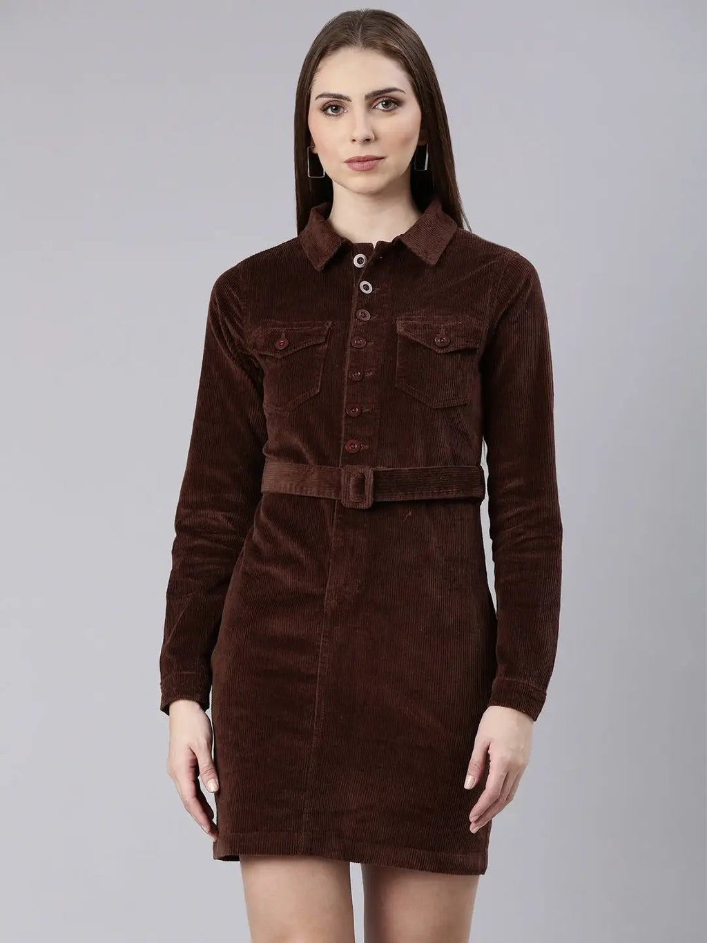Women's Brown Cuffed Sleeves Corduroy Cotton Shirt Dress