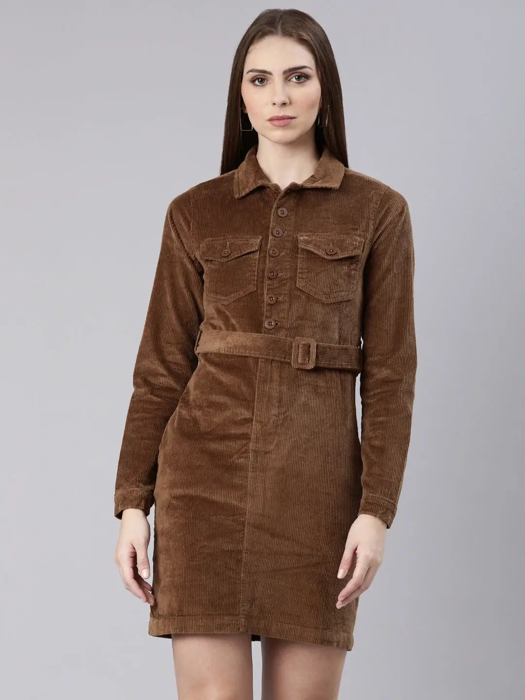 Women's Khaki Shirt Collar Belted Cotton Mini Shirt Dress