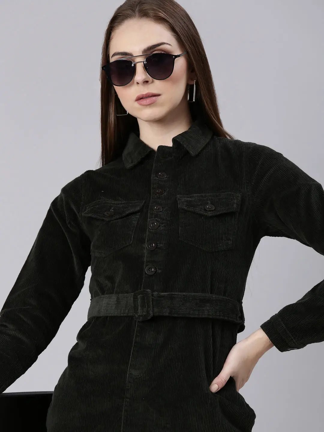 Women's Olive Shirt Collar Cotton Dress