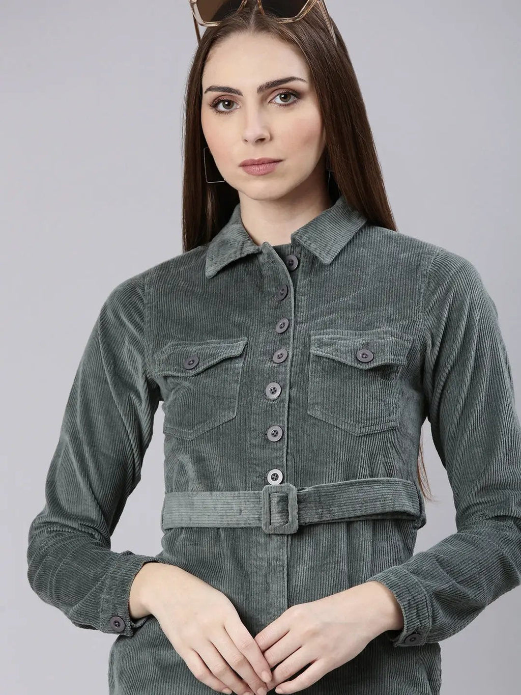 Women's Sea Green Shirt Collar Cuffed Sleeve Belted Shirt Dress