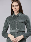 Women's Sea Green Shirt Collar Cuffed Sleeve Belted Shirt Dress